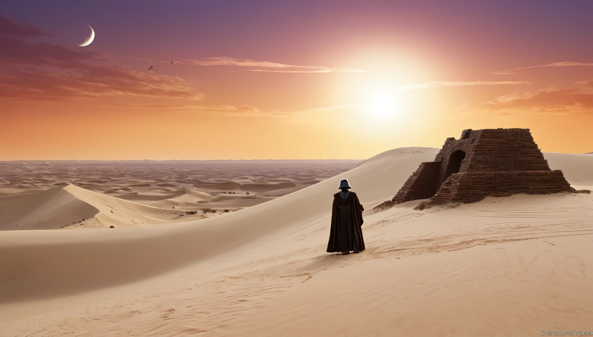 “Imagine a scene on a distant desert planet, reminiscente de Tatooine, where a lone Jedi knight finds himself on a sand dune, observando o horizonte. In the sky, two moons are visible, e ao longe, the ruins of an ancient civilization emerge from the sands. The light of the sunset reflects off the Jedi's lightsaber, creating a contrast with the shadows that begin to lengthen across the desert,hyper realistic composition,32k resolution,cinematic composition,cinematic color grading.photography whit Phaseone 85mm,death of field lens.