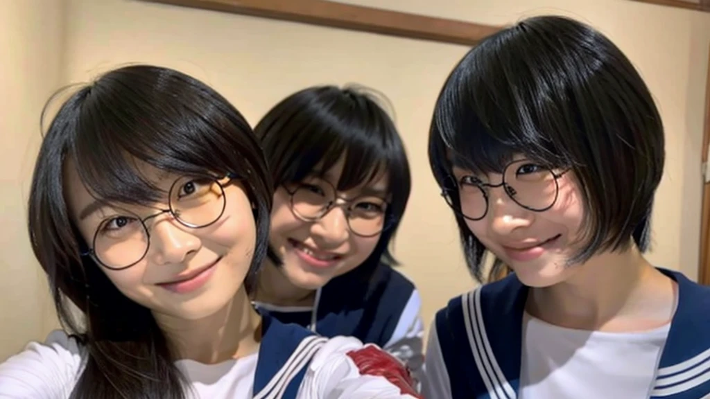 Suzuka takes a selfie with a tall man with his bangs down