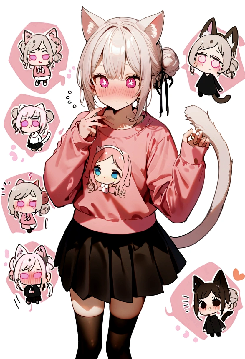 I have white pink hair, cat ears, a bun, my face is super blushing, black glasses, pink heart eyes, a big pink sweatshirt, a black skirt, black stockings, white shoes, a cat&#39;s tail, a girl. Very shy