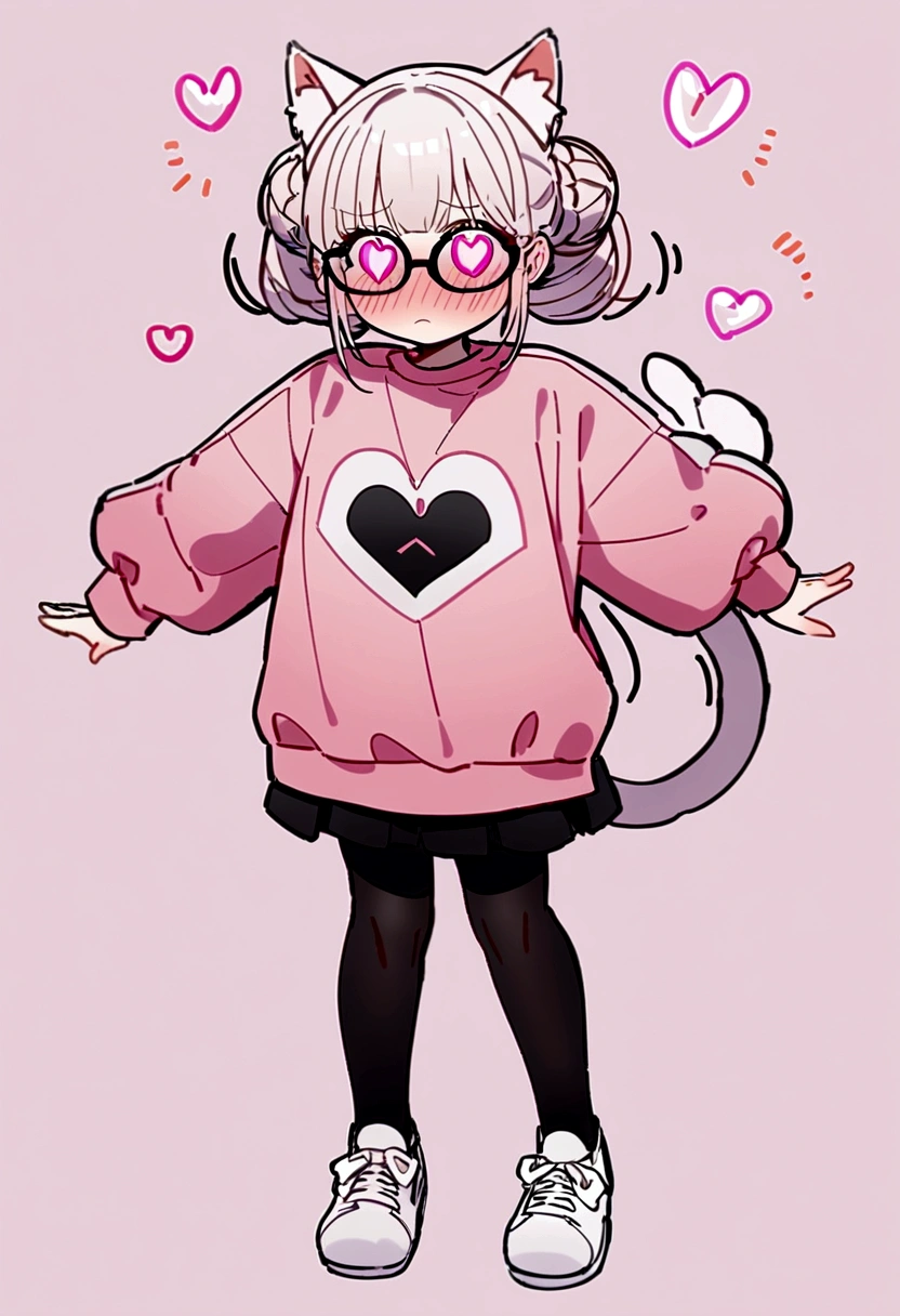 I have white pink hair, cat ears, a bun, my face is super blushing, black glasses, pink heart eyes, a big pink sweatshirt, a black skirt, black stockings, white shoes, a cat's tail, a girl. Very shy