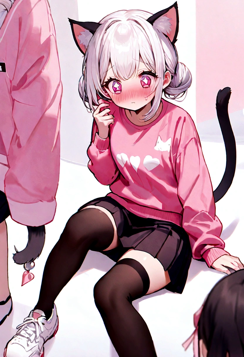 I have white pink hair, cat ears, a bun, my face is super blushing, black glasses, pink heart eyes, a big pink sweatshirt, a black skirt, black stockings, white shoes, a cat&#39;s tail, a girl. Very shy