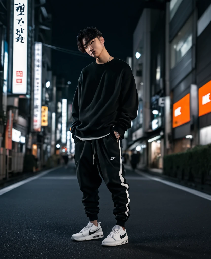 HANDSOME, PERFECT, SUKUNA, ALONE, FULL BODY, DOWN IN FLAMES LOOSE SWEATER, TECHWEAR PANTS, NIKE SHOES, TOKYO NIGHT STREET BACKGROUND, ((((masterpiece))), ((best quality)), (extremely detailed)