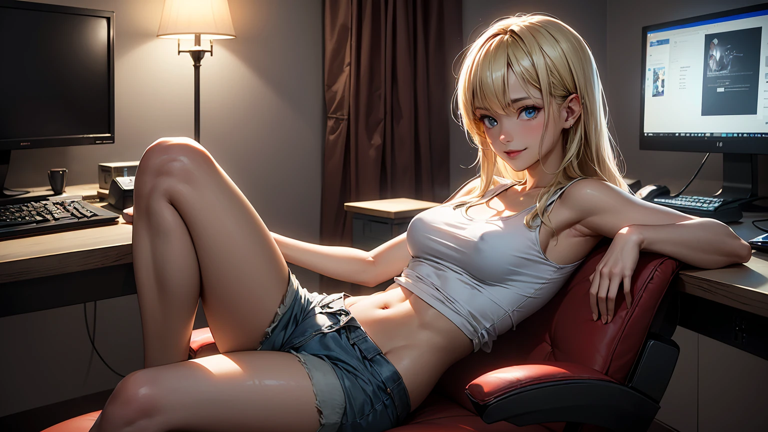 Create a high-quality, detailed image of a beautiful, sexy anime lofi girl with long blonde hair, bright blue eyes, and a smile, sitting at her gaming PC in a cozy lounge. She wears a tank top and shorts, showing her shoulder and midriff, highlighting her stunning curves and toned body. The warm, inviting scene includes soft ambient lighting, comfortable seating, and a high-end PC setup with multiple monitors and RGB lighting. The setting is illuminated by a small lamp, creating a serene and intimate atmosphere