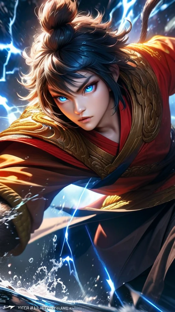 High quality, ultra realistic,absurdres, highres, ultra detailed, HDR, masterpiece, extremely detailed face and eyes, monkey king , , solo, ,man, handsome, ,white eyeleshes, blue eyes , Epic fight scene, blue splashing effect,blue lightning effect,glowing glitters ,