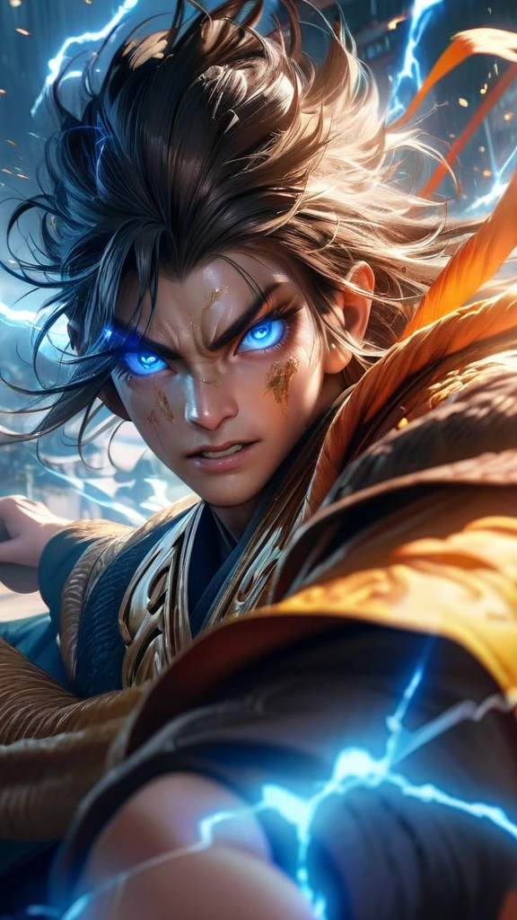 High quality, ultra realistic,absurdres, highres, ultra detailed, HDR, masterpiece, extremely detailed face and eyes, monkey king , , solo, ,man, handsome, ,white eyeleshes, blue eyes , Epic fight scene, blue splashing effect,blue lightning effect,glowing glitters ,