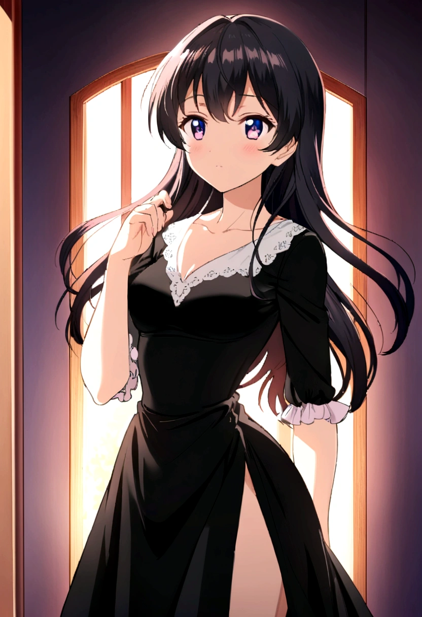 Menina anime with long hair and a black dress posing for a picture, Sayori, visual de anime de uma linda garota, estilo de arte anime moe, loli de vestido, Menina anime weaalsog a black dress, pretty Menina anime, (Menina anime), cute Menina anime, waifu de anime fofo em um lindo vestido, attractive anime, beautiful anime, also, arte cg de anime suave