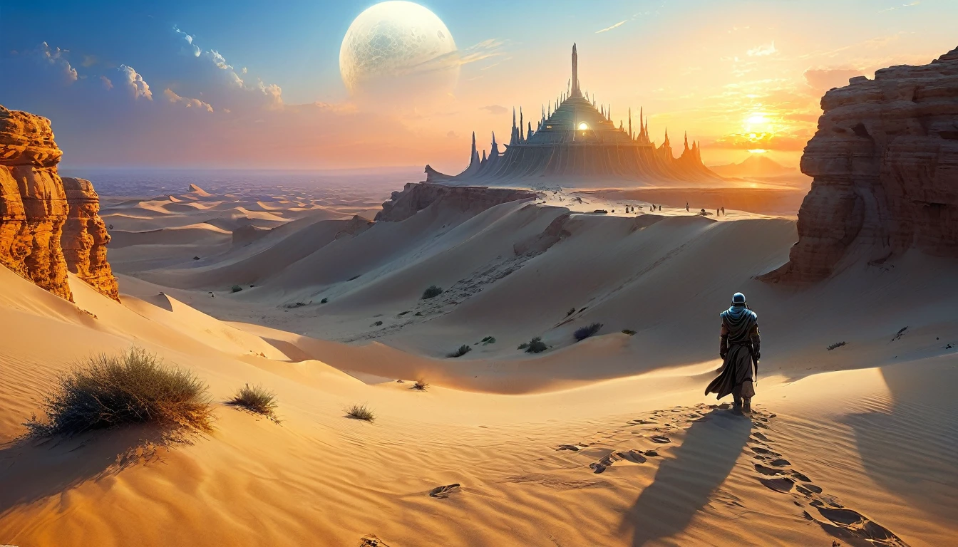 “Imagine a scene on a distant desert planet, reminiscente de Tatooine, where a lone Jedi knight finds himself on a sand dune, observando o horizonte. In the sky, two moons are visible, e ao longe, the ruins of an ancient civilization emerge from the sands. The light of the sunset reflects off the Jedi's lightsaber, creating a contrast with the shadows that begin to lengthen across the desert,hyper realistic composition,32k resolution,cinematic composition,cinematic color grading.photography whit Phaseone 85mm,death of field lens.