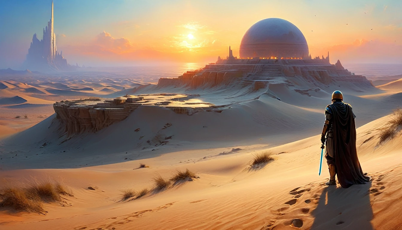 “Imagine a scene on a distant desert planet, reminiscente de Tatooine, where a lone Jedi knight finds himself on a sand dune, observando o horizonte. In the sky, two moons are visible, e ao longe, the ruins of an ancient civilization emerge from the sands. The light of the sunset reflects off the Jedi's lightsaber, creating a contrast with the shadows that begin to lengthen across the desert,hyper realistic composition,32k resolution,cinematic composition,cinematic color grading.photography whit Phaseone 85mm,death of field lens.