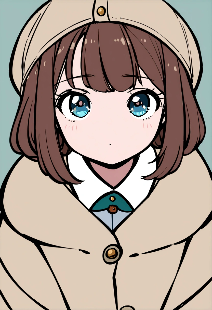 Cute brown hair girl, ojos azules, wearing a light brown Soviet winter jacket from the 1940s era, sentada en unas vastas praderas nevadas