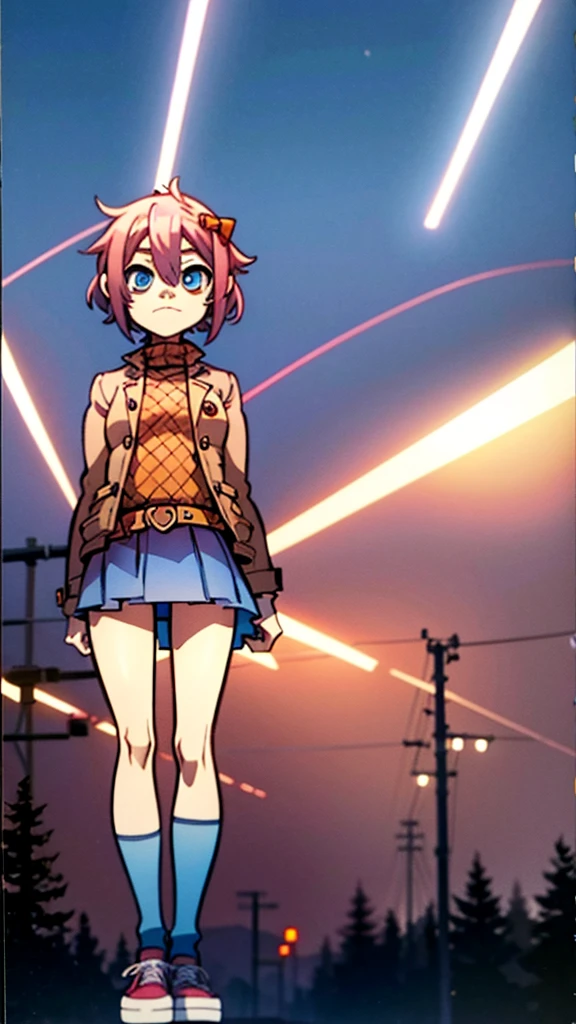 Character: sayori from ddlc. Appearance: Blue eyes, short coral pink hair, average medium body, blue eyes, serious expression. Clothing: Brown jacket, orange plaid sweater, white shirt , red bow in hair, Bright blue skirt, white shoes with blue tips. Environment: at night, trees, street, lighting by a normal light headlamp. Animation style: gorillaz, 2D, 