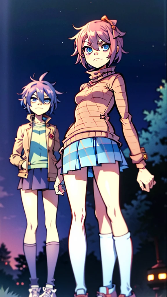 Character: sayori from ddlc. Appearance: Blue eyes, short coral pink hair, average medium body, blue eyes, serious expression. Clothing: Brown jacket, orange plaid sweater, white shirt , red bow in hair, Bright blue skirt, white shoes with blue tips. Environment: at night, trees, street, lighting by a normal light headlamp. Animation style: gorillaz, 2D, 