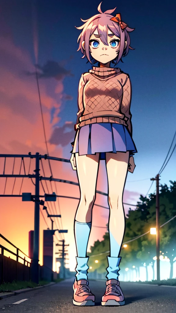 Character: sayori from ddlc. Appearance: Blue eyes, short coral pink hair, average medium body, blue eyes, serious expression. Clothing: Brown jacket, orange plaid sweater, white shirt , red bow in hair, Bright blue skirt, white shoes with blue tips. Environment: at night, trees, street, lighting by a normal light headlamp. Animation style: gorillaz, 2D, 