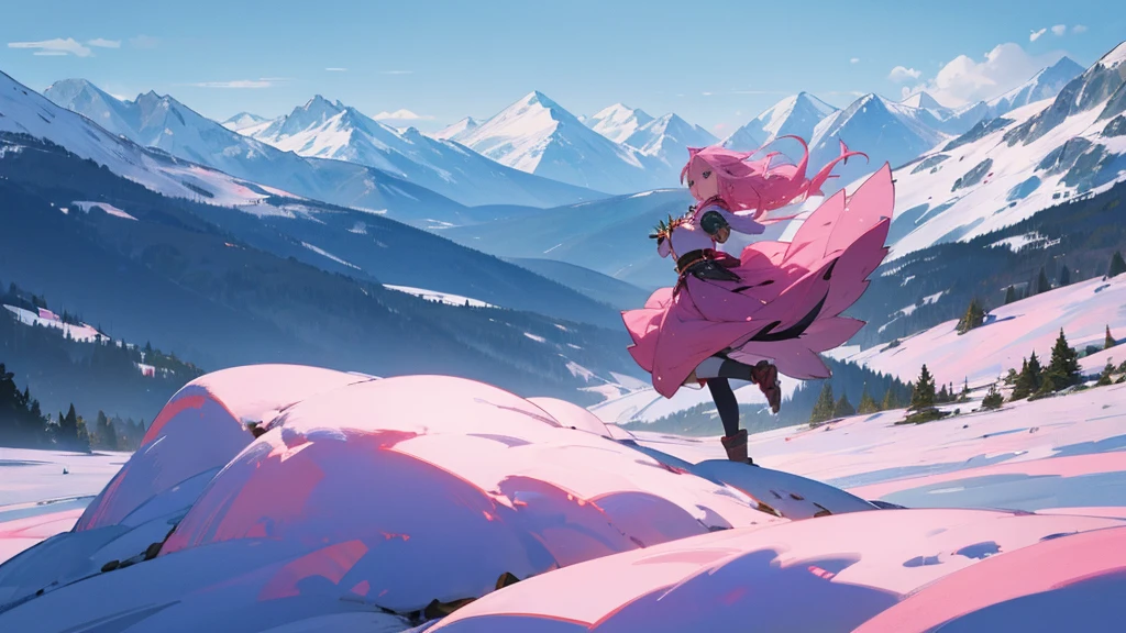 Anime girl, pink hair, queen of the mountains, flying, with her hands open, stones around her hands, a background of two mountains, one snowy and the other full of grass, the drawing is not real but rather like anime, the picture is not realistic but rather imaginary like anime