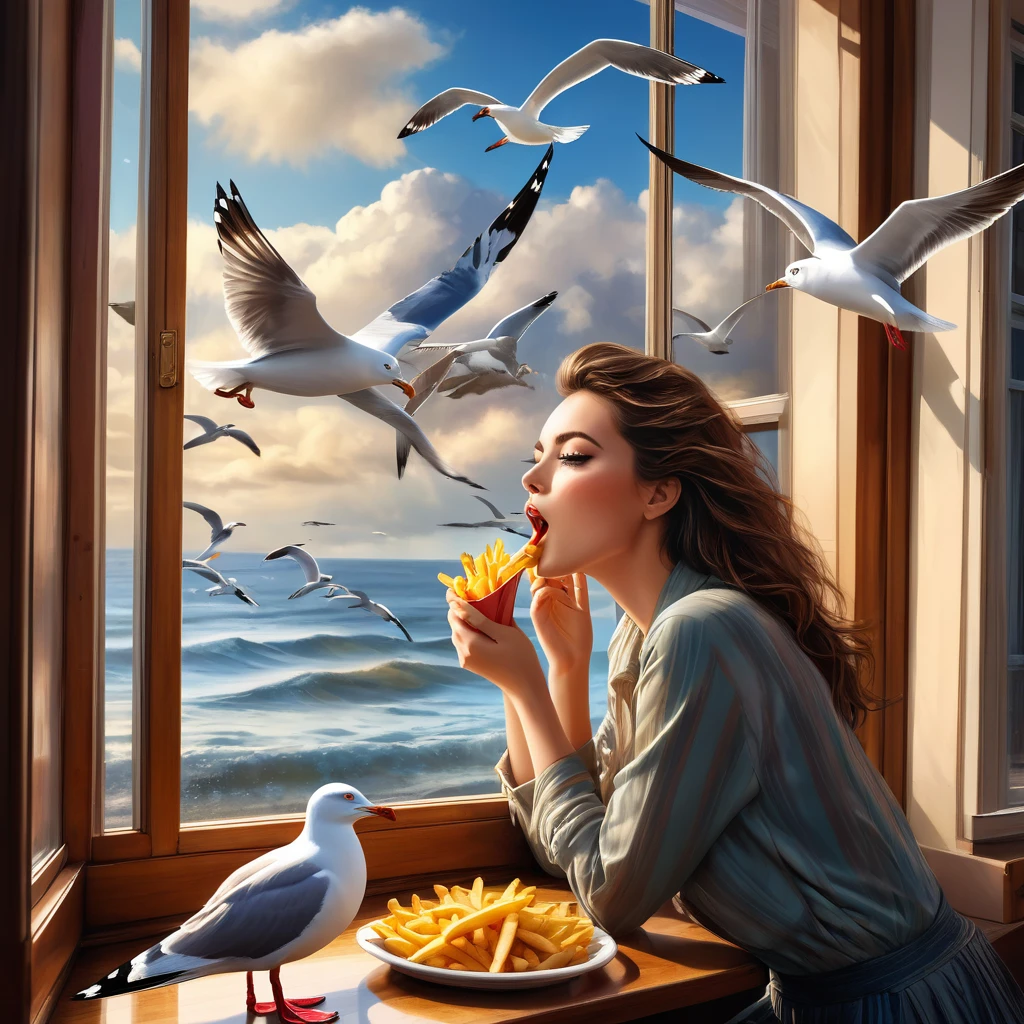 A woman is sitting by a window eating french fries (with seagulls looking through the glass outside the window, wanting to eat the fries: 1.9), seaside burger shop, detailed and realistic oil painting, beautifully detailed eyes, beautifully detailed lips, highly detailed eyes and face, long eyelashes, photorealistic, 8k, masterpiece, highly detailed, vibrant colors, warm lighting, cozy atmosphere, beautiful landscape, dramatic sky, realistic textures, intricate details, cinematic composition, Leonardo style