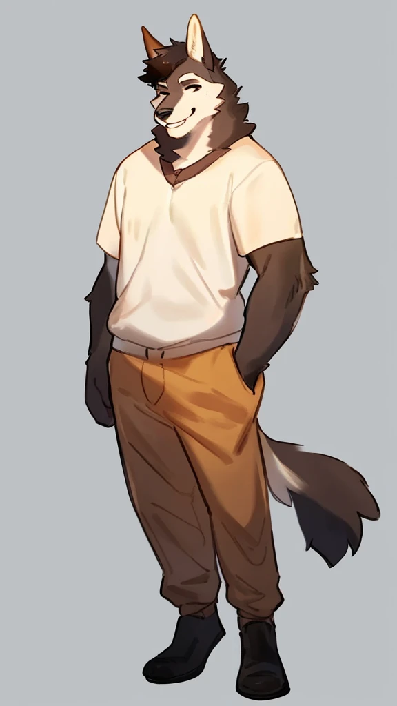 ((By Bebebebebe, by K0BIT0WANI, by Zackary911, detailed anatomy, detailed eyes, detailed body, detailed face, best quality, high resolution)), 1male, solo, Wolf, sweater crop top, shorts pants, dark brown furs, tail, skinny chub, dark brown eyes, young, in the white background, standing