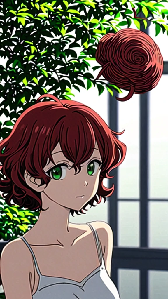 anime girl with short curly red hair and green eyes    