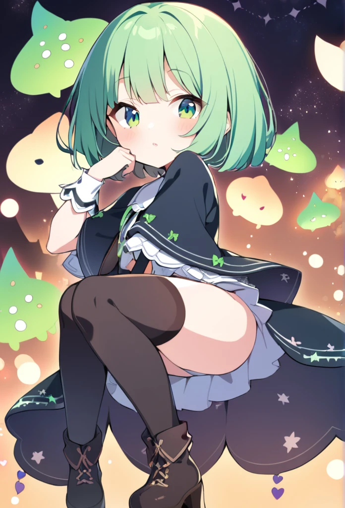 1 girl, cute, young, green hair, bob haircut, green eyes, witch, thigh high,