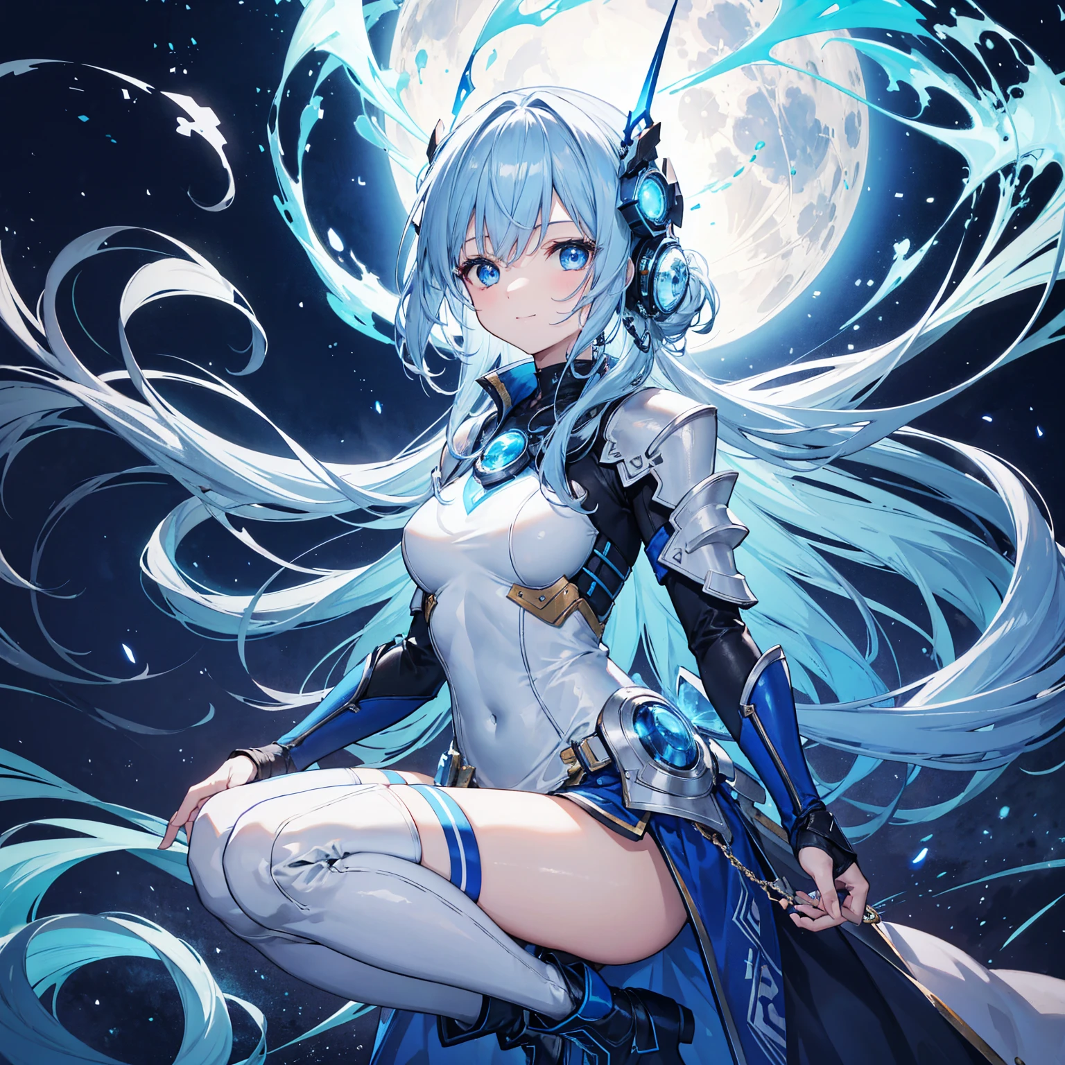 8k, Highest quality, (real:1.4), Original photo, 1 girl, Asari Hair, Biological Amplifier, refined armor, posture: Peace talks between warring factions,，Attention Clever Blue Eyes,A modest smile、Knee-high boots、Blue big moon and blue light swirl in the background、Blue light from behind、blue light magic,A small, glowing blue ball in the palm of your hand,Blue flame swirl