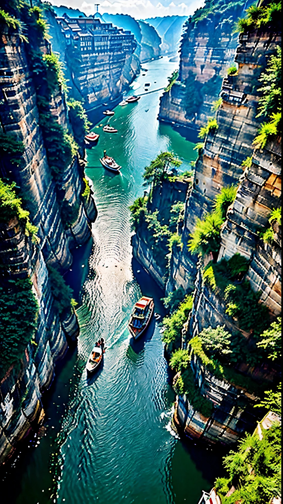 The wall-hanging canal on the cliff in Chongqing is too scary,High resolution aerial footage of cliff walk、8K masterpiece:1.3、 Breathtaking aerial photography:1.1、 The terrifying cliff-top walled canal in Chongqing:1.3、 Perfect timing and suspenseful camera angles:1.2、 Detailed and photorealistic cliff walk:1.1、 RAW photos that capture every detail:1.4、 Professional lighting for clear contrast:1.5、 Extremely realistic depth of field effect:1.2、 Exquisite and top quality images:1.4、