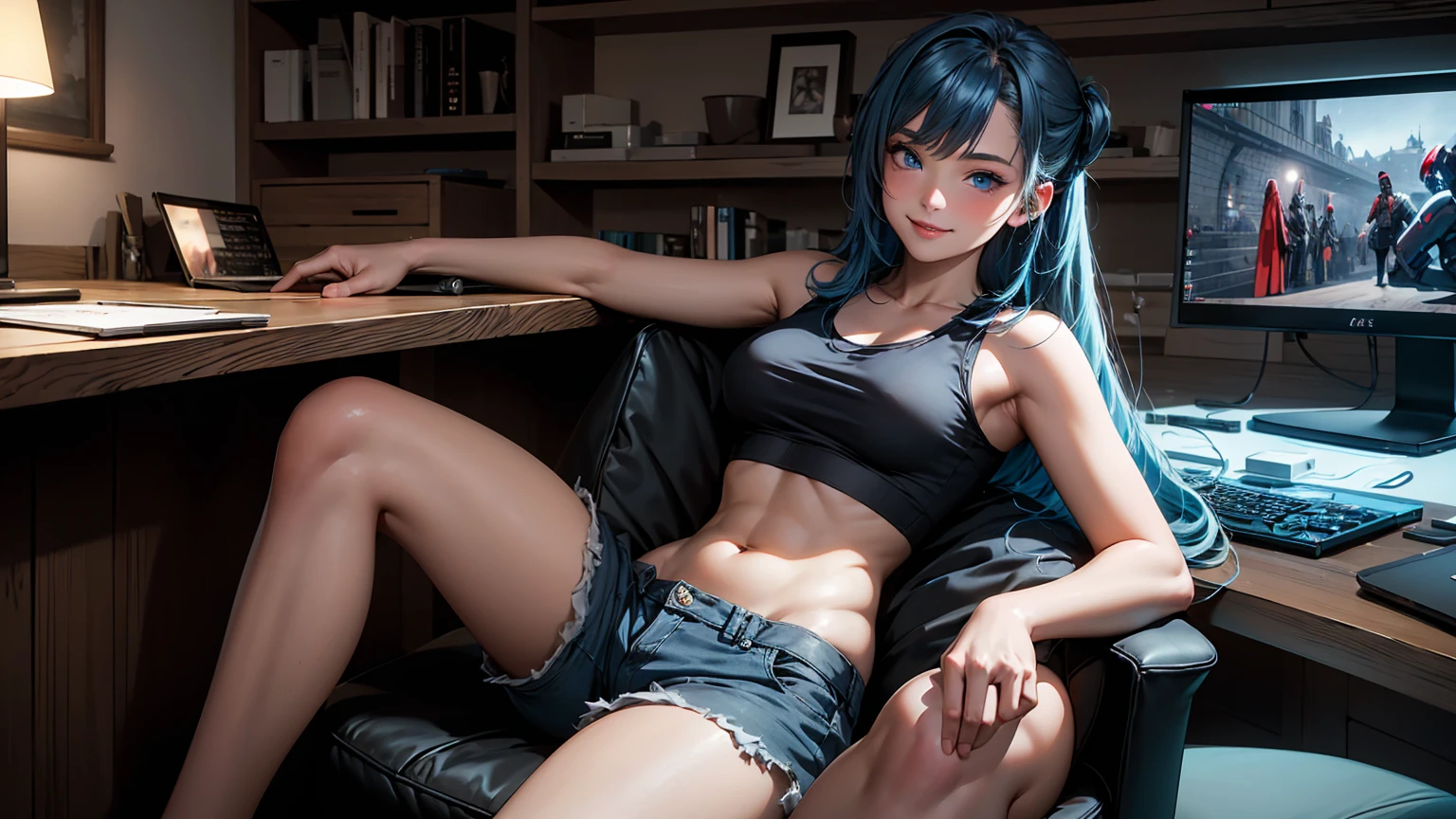 Create a high-quality, detailed image of a beautiful, sexy anime lofi girl with long blue hair, bright blue eyes, and a smile, sitting at her gaming PC in a cozy lounge. She wears a tank top and shorts, showing her shoulder and midriff, highlighting her stunning curves and toned body. The warm, inviting scene includes soft ambient lighting, comfortable seating, and a high-end PC setup with multiple monitors and RGB lighting. The setting is illuminated by a small lamp, creating a serene and intimate atmosphere