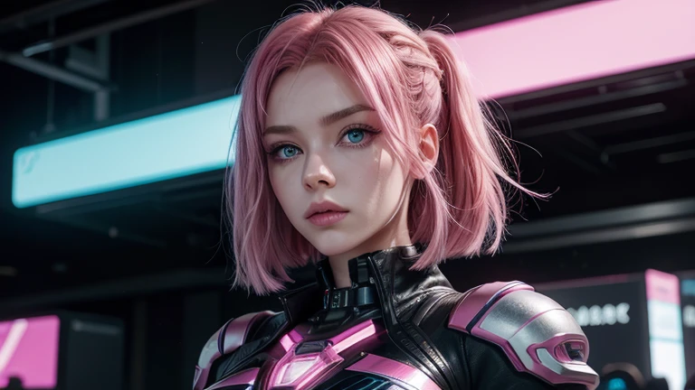 "Generate an image of a character for our channel, featuring pink hair and blue eyes. The style should be modern and appealing, with a touch of futurism or cyberpunk aesthetics.