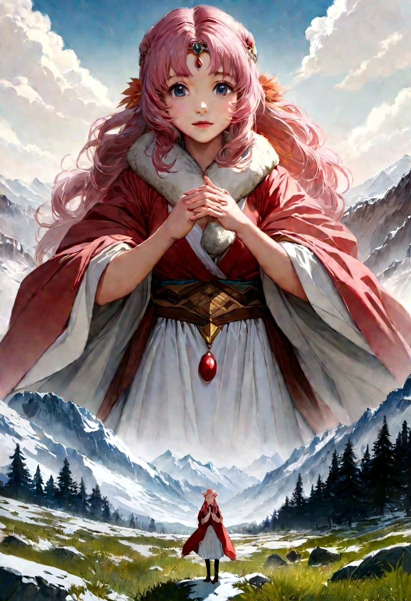 Anime girl, pink hair, queen of the mountains, flying, with her hands open, stones around her hands, a background of two mountains, one snowy and the other full of grass, the drawing is not real but rather like anime, the picture is not realistic but rather imaginary like anime