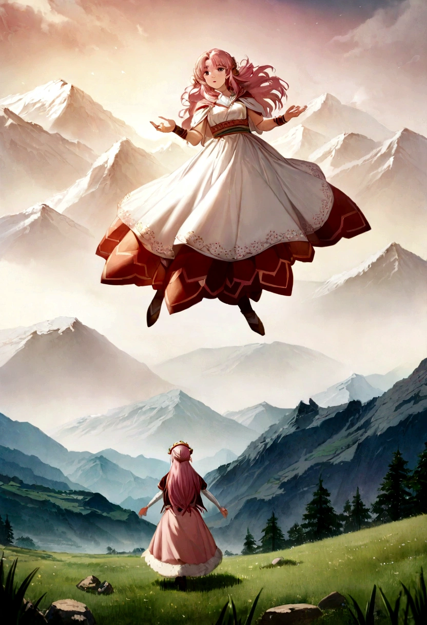 Anime girl, pink hair, queen of the mountains, flying, with her hands open, stones around her hands, a background of two mountains, one snowy and the other full of grass, the drawing is not real but rather like anime, the picture is not realistic but rather imaginary like anime
