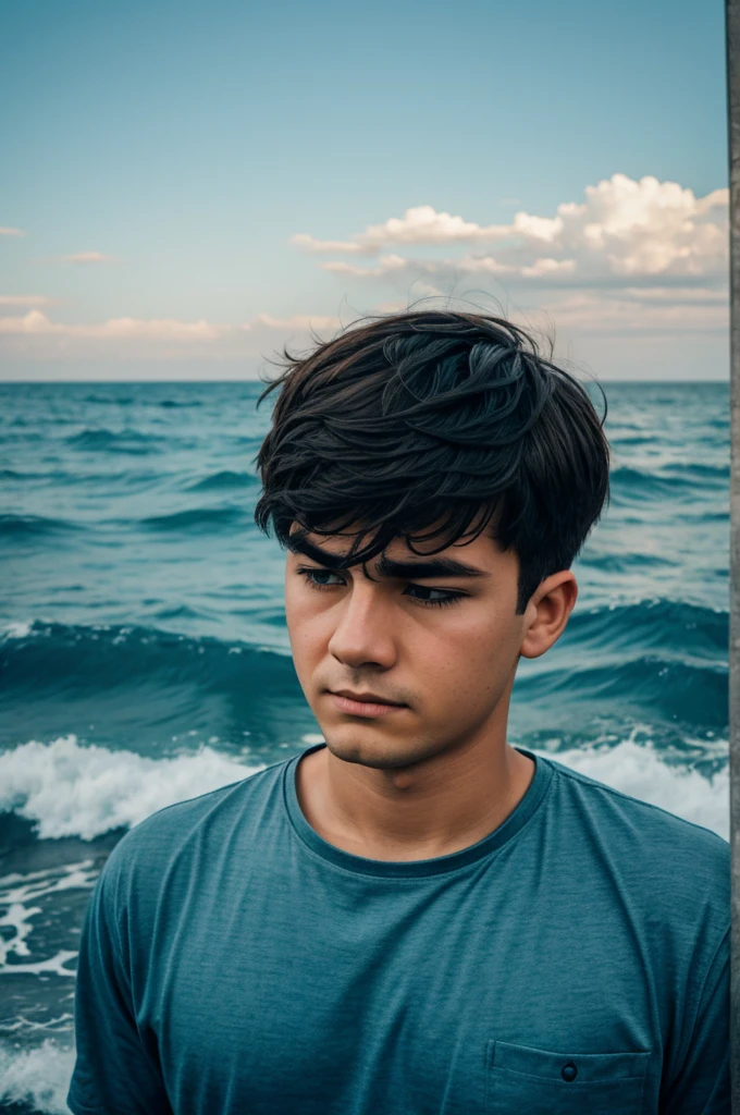 Generate a sad boy pic inside of a sea