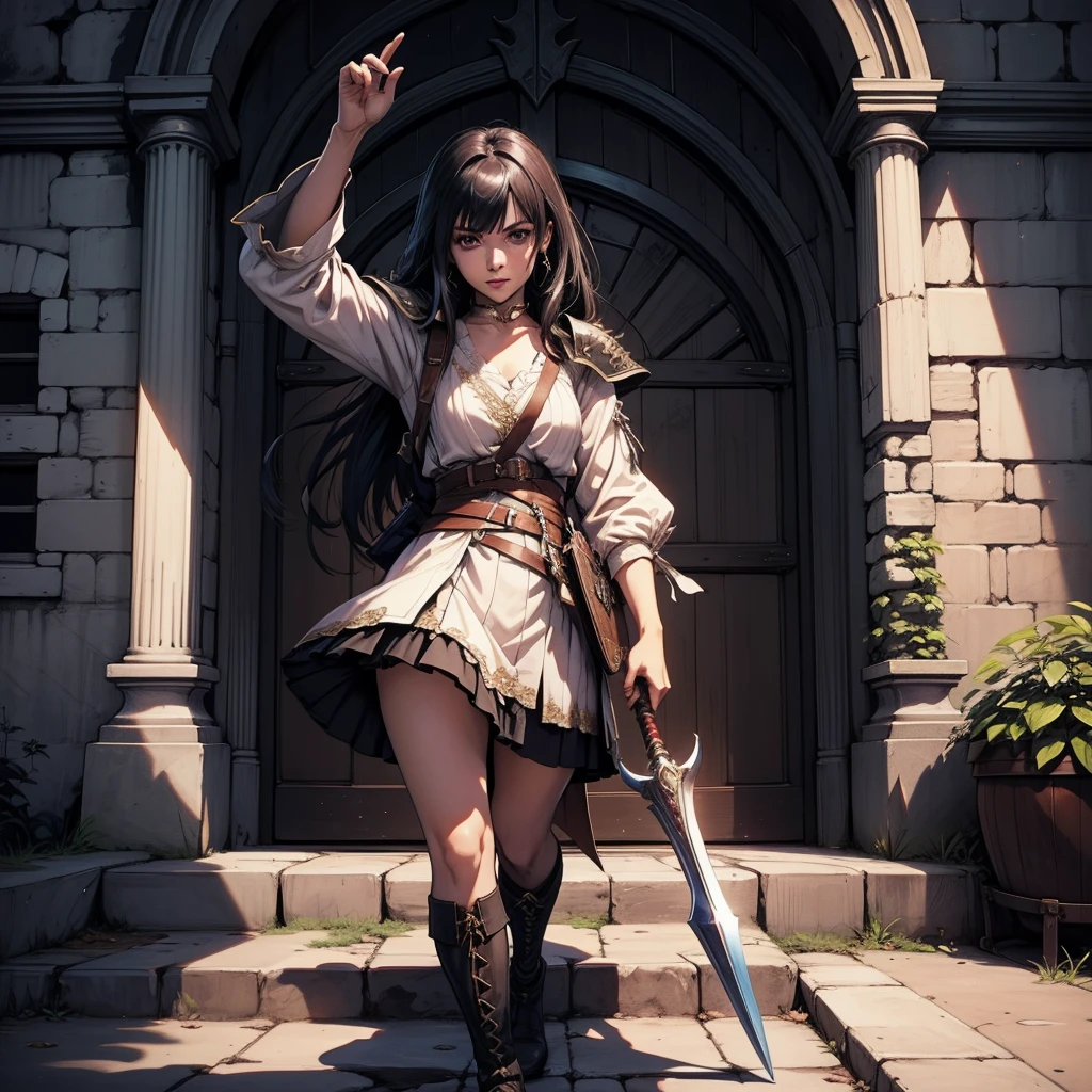 最high quality、high quality、Robe/Skirt、8Old Adventurer、Climb the stairs of the underground dungeon、Equipped with a dagger and a leather shield、dim