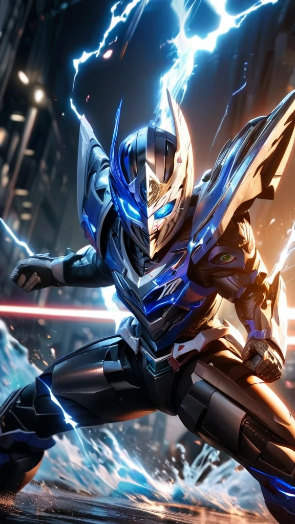  High quality, ultra realistic,absurdres, highres, ultra detailed, HDR, masterpiece, extremely detailed face and eyes,  cool Kamen rider knight, Kamen rider mask  ,  , solo, ,man, handsome, ,white eyeleshes, blue eyes , Epic fight scene, blue splashing effect,blue lightning  effect,glowing glitters , 