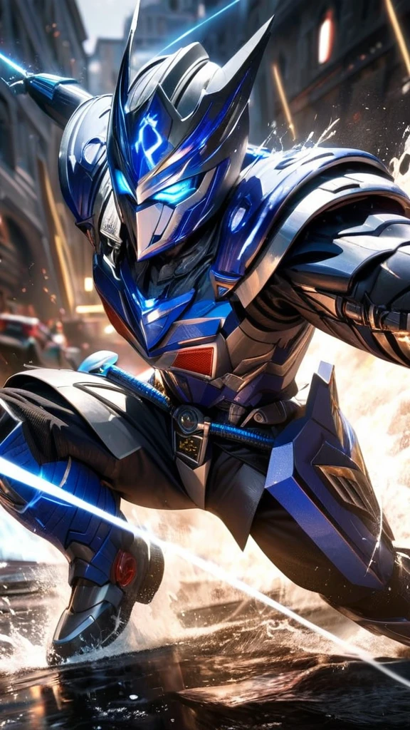  High quality, ultra realistic,absurdres, highres, ultra detailed, HDR, masterpiece, extremely detailed face and eyes,  cool Kamen rider knight, Kamen rider mask  ,  , solo, ,man, handsome, ,white eyeleshes, blue eyes , Epic fight scene, blue splashing effect,blue lightning  effect,glowing glitters , 