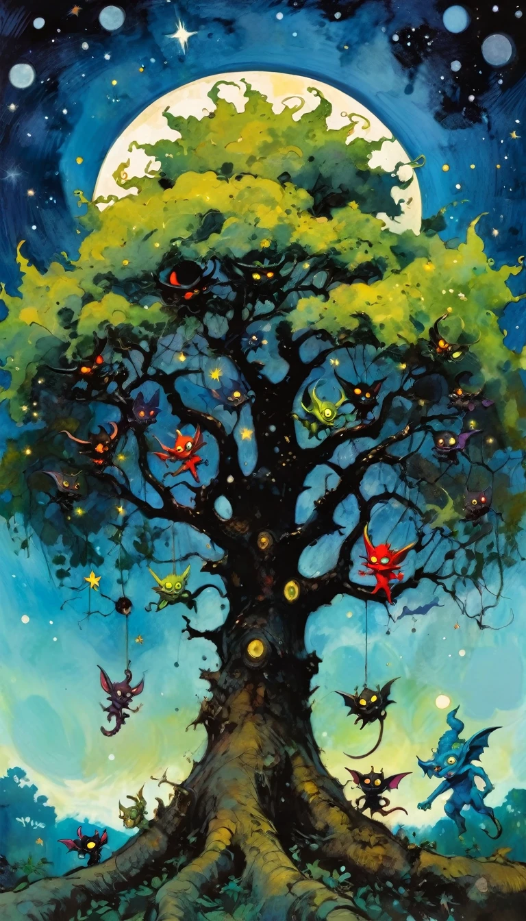 large very leafy tree that climbs to the heavens, impressive landscape, small and fun demons inhabit the tree, fantastic, night sky, moon, stars, background, (many demons have fun, play and fight) (art inspired by Skottie Young and Bill Sienkiewicz). oil painting)

