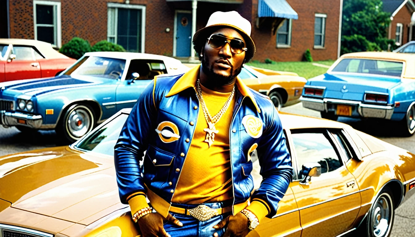 1970s photo of "Young Jeezy" wearing 1970s attire, classic cars,