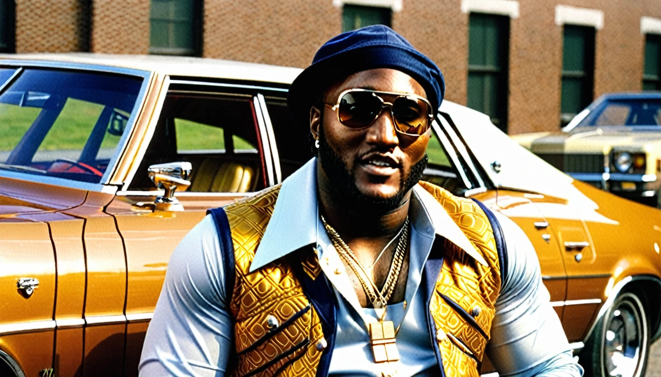 1970s photo of "Young Jeezy" wearing 1970s attire, classic cars, 