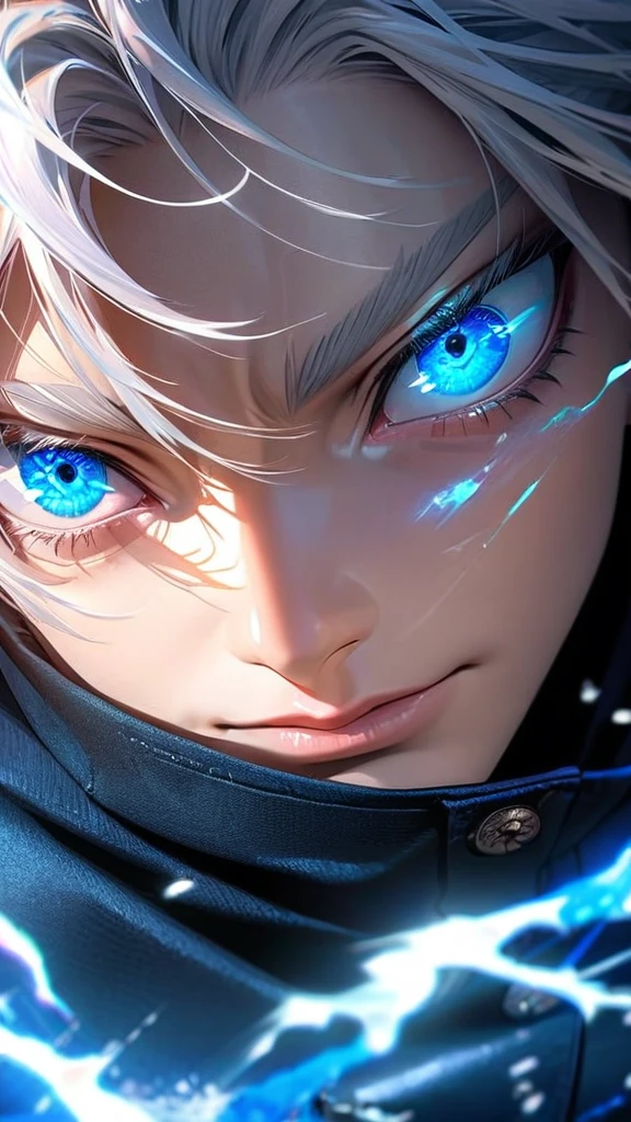 High quality, ultra realistic,absurdres, highres, ultra detailed, HDR, masterpiece, extremely detailed face and eyes, Gojo satoru , jujutsu kaisen,, white hair ,black shirt , solo, ,man, handsome, ,white eyeleshes, blue eyes , Epic fight scene, blue splashing effect,blue lightning effect,glowing glitters , close up,cool eyes, symetrical