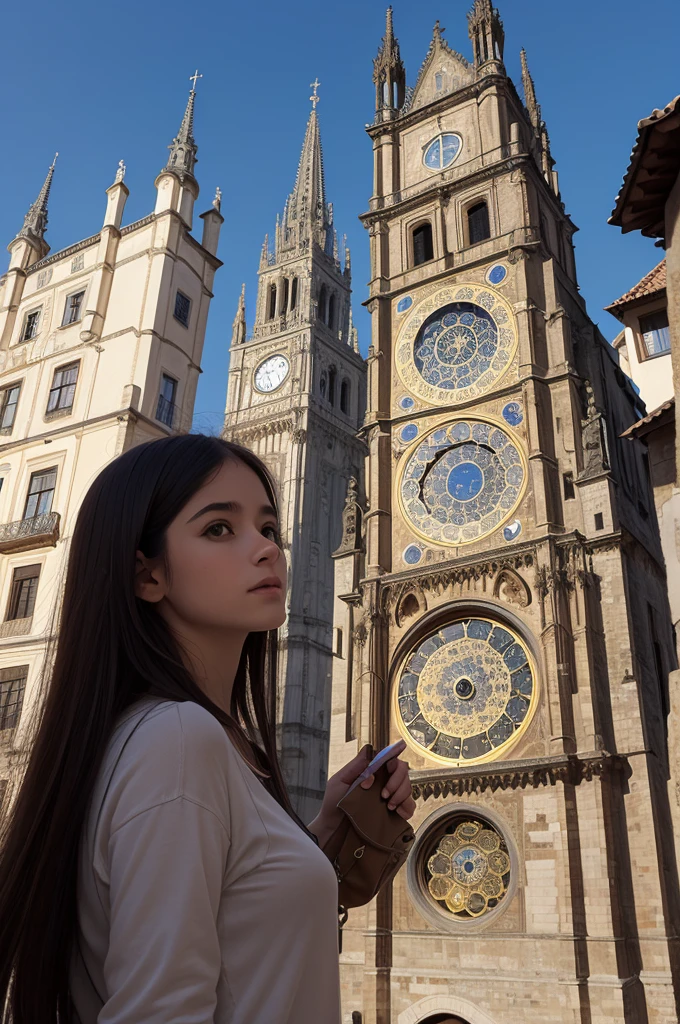 scenario: Uma pequena vila. Ao centro, a large astronomical clock is erected, com quatro faces representando as fases da lua: nova, crescente, cheia e minguante.