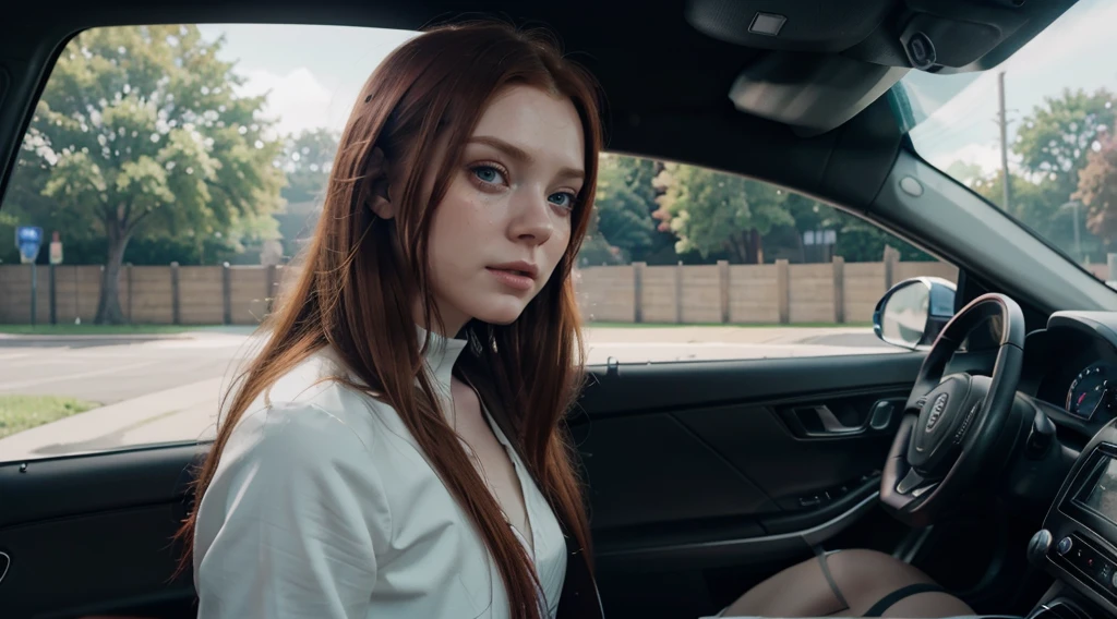 redhead haired woman in a car with a steering wheel, photo-realistic unreal engine, artstyle : ilya kuvshinov, trending on mentalray, inspired by Nína Tryggvadóttir, elle fanning as an android, beautiful crying! android woman, freya, hyper control-realism, 8k n 9