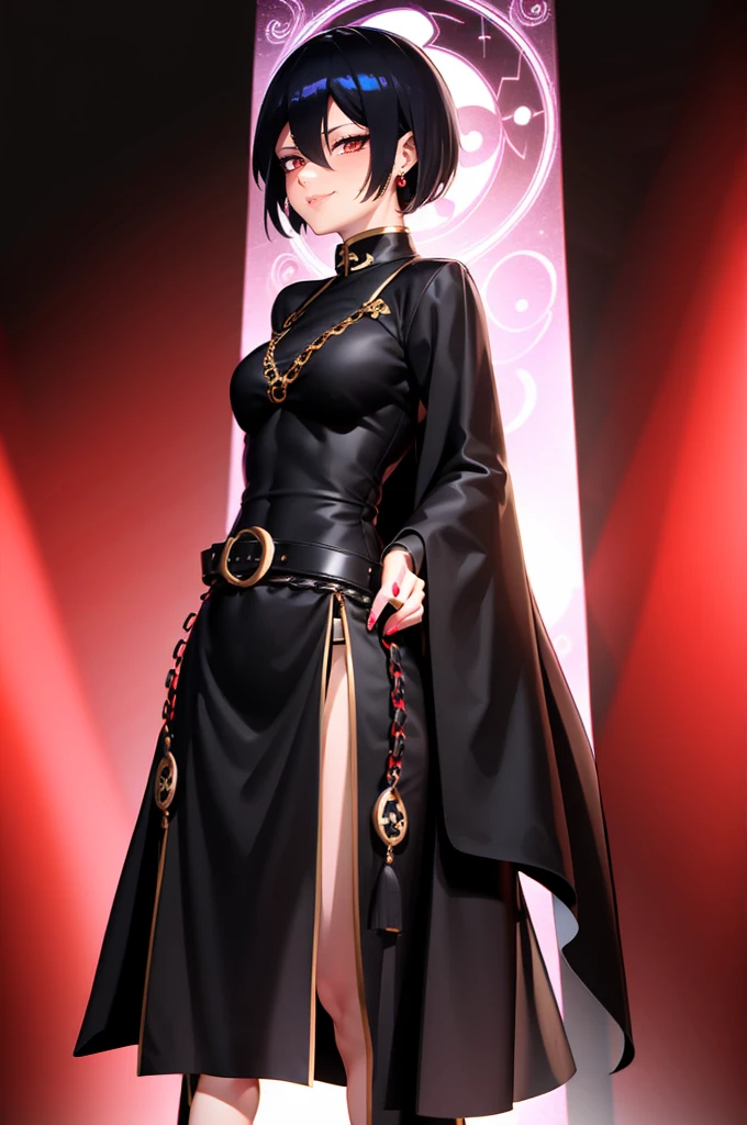 dark persona, evil executive, idol, 1 girl, red and blue hair, two tone hair, anime, long hem, Leading a ritual, from side, forehead yin yang accessory, standing on pedestal, evil smile, audience, short hair, talking, black armor, cape, runes, pillars of black fire, octagonal yin yang mirror, Ruined city, at midnight, black cheongsam, Qipao, stand-up collar, gold decoration, earring, chains, belt, black obi, yin yang, beautiful art, high res, perfect face, detailed outfit