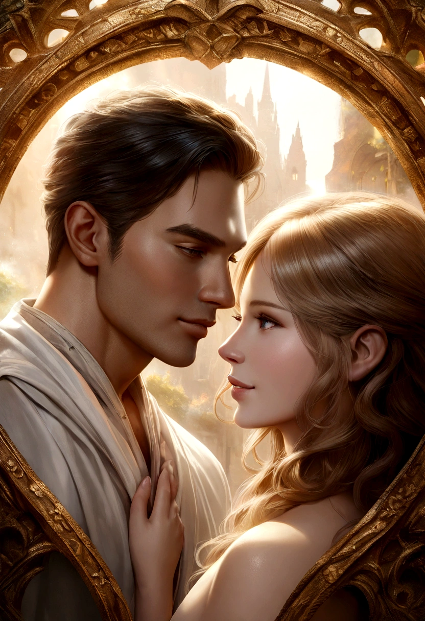 a beautiful couple, a handsome man with a beautiful woman, fair skin, long brown curly hair woman, a white-fur wolf above them, romance, beautiful background, 4k, hd, hyper-realistic