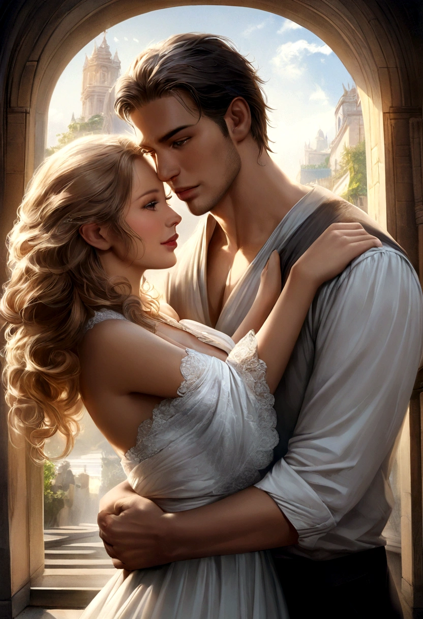 a beautiful couple with wolf beside them, a handsome man with a beautiful woman, fair skin, long brown curly hair woman, a white-fur wolf beside them, romance, good background, 4k, hd, hyper-realistic
