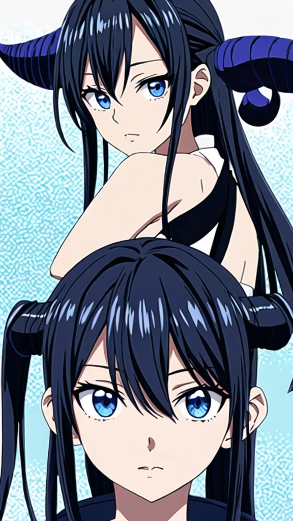 Navy blue school swimwear,ponytail、blunt bangs、Black Hair、super fine illustration,(((beautiful fine hair))),(((beautiful fine face))),(((beautiful fine background))),Midsummer、beachBlack Hair、student、bikini、ponytail、blunt bangs、Cross-eyed