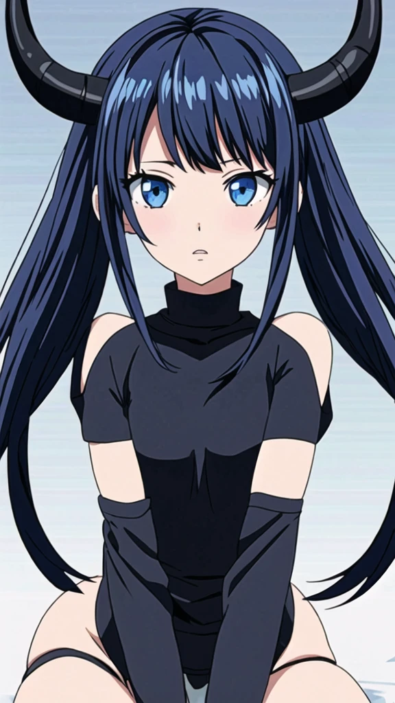 anime girl with black hair and blue highlights with blue eyes and horns