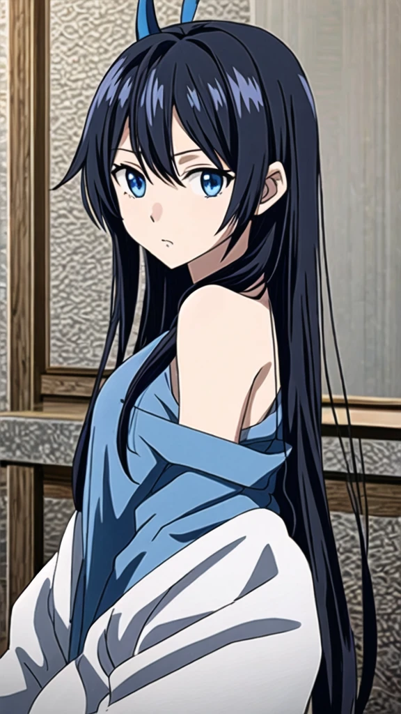 anime girl with black hair and blue highlights with blue eyes and horns