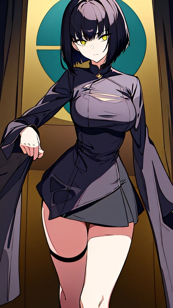 ((Best Quality)), ((Masterpiece)), (Detailed), Girl with short black hair, with straight bangs, yellow eyes, the pupils of his eyes look at your violence, tall and slender, very beautiful and feminine features, with loose black clothing, wearing shorts with long black stockings, short hair, nice breasts, with a too short miniskirt, with a scared expression, she feels alone and has no help but also a sexualized expression, just woke up