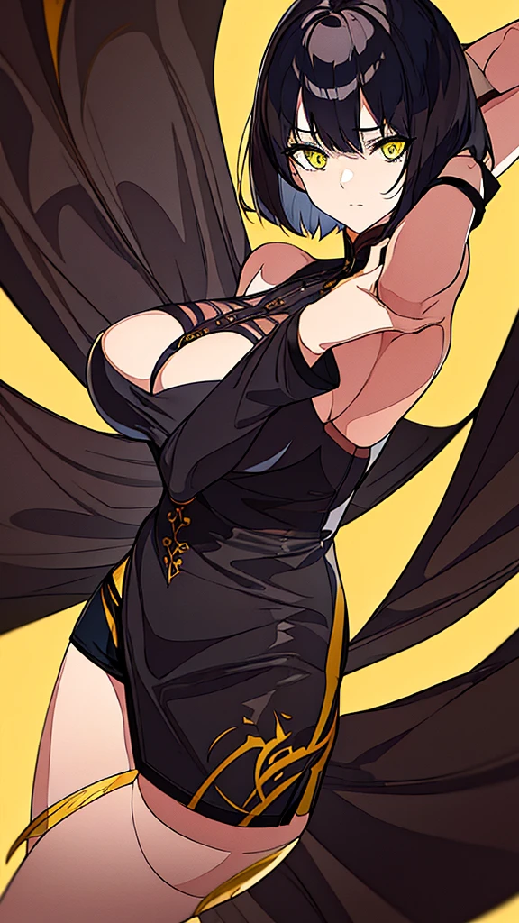 ((Best Quality)), ((Masterpiece)), (Detailed), Girl with short black hair, with straight bangs, yellow eyes, the pupils of his eyes look at your violence, tall and slender, very beautiful and feminine features, with loose black clothing, wearing shorts with long black stockings, short hair, nice breasts, with a too short miniskirt, with a scared expression, she feels alone and has no help but also a sexualized expression, just woke up