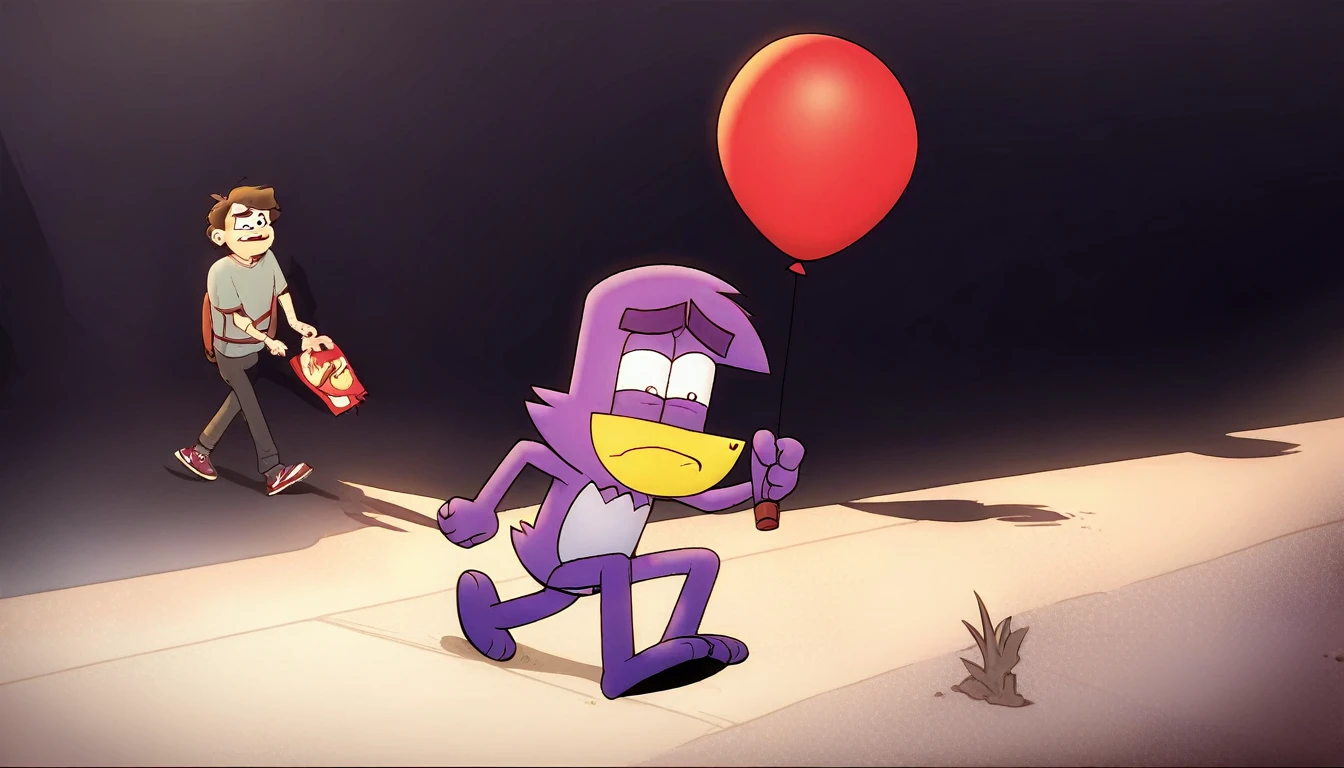 badmascot, solo, 1boy, holding, flashlight, sad, pokemon (creature), sewers, red balloon, walking, mascot, dark background, tunnel, full-size, score_9, score_8_up, score_7_up, score_6_up, score_5_up, score_4_up