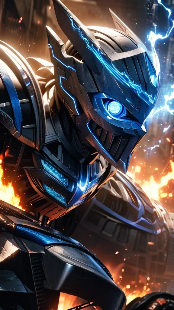 High quality, ultra realistic,absurdres, highres, ultra detailed, HDR, masterpiece, extremely detailed face and eyes, cool Kamen rider knight, Kamen rider mask , , solo, ,man, handsome, ,white eyeleshes, blue eyes , Epic fight scene, blue splashing effect,blue lightning effect,glowing glitters , flames effect