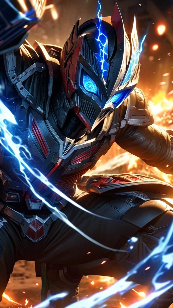  High quality, ultra realistic,absurdres, highres, ultra detailed, HDR, masterpiece, extremely detailed face and eyes,  cool Kamen rider knight, Kamen rider mask  ,  , solo, ,man, handsome, ,white eyeleshes, blue eyes , Epic fight scene, blue splashing effect,blue lightning  effect,glowing glitters , flames effect