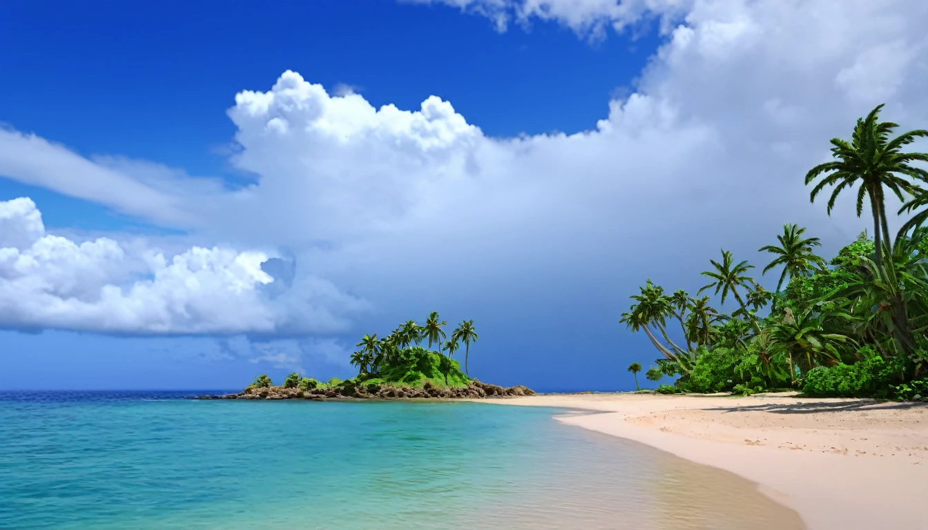 arafed island with palm trees and a sandy beach, tropical island, epic matte painting of an island, island in a blue sea, monsoon on tropical island, tropical location, island with cave, many islands, no humans, tree, cloud, sky, outdoors, scenery, day, palm tree, ocean, water, beach, blue sky, horizon, cloudy sky, nature, sand