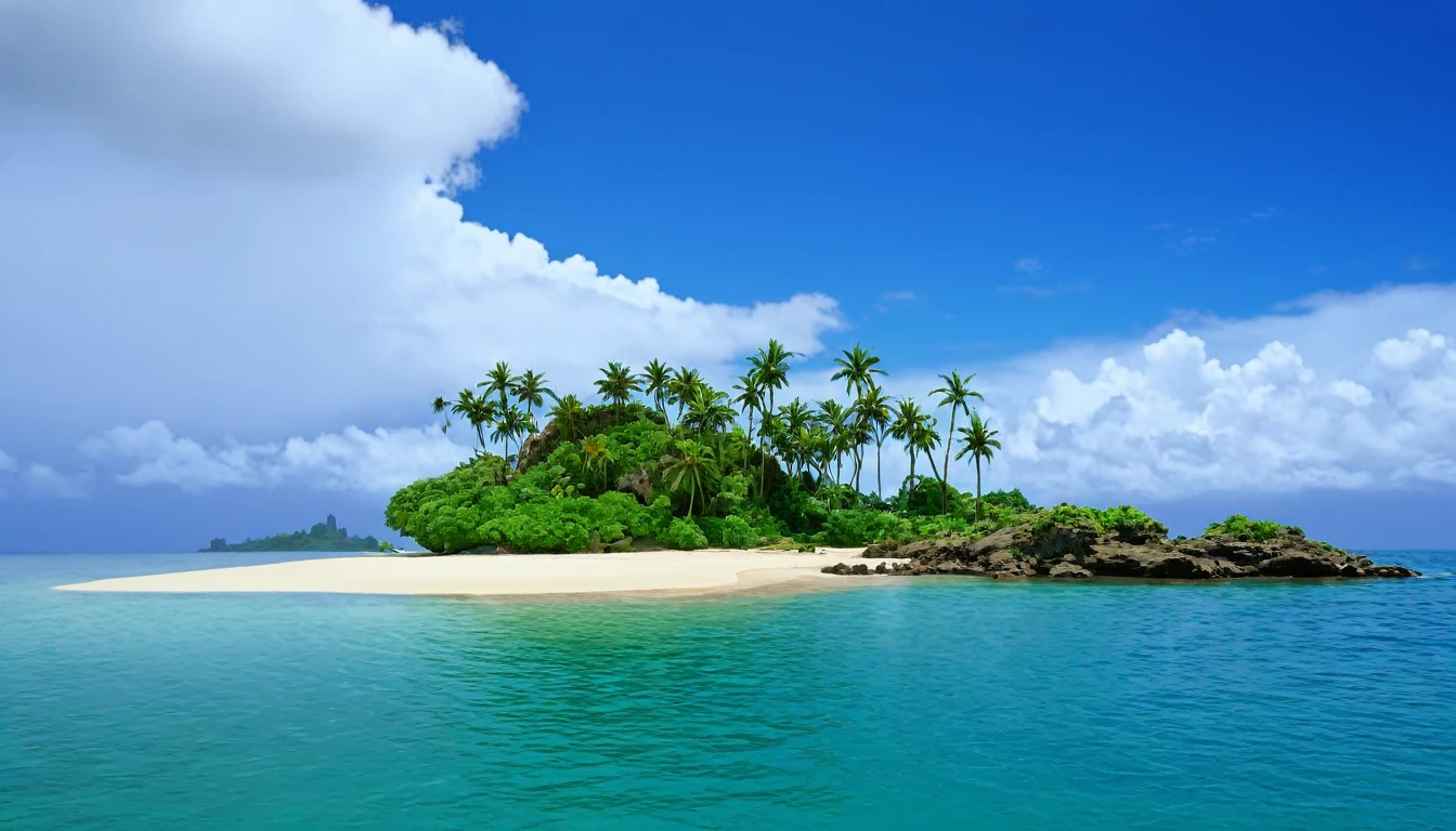 arafed island with palm trees and a sandy beach, tropical island, epic matte painting of an island, island in a blue sea, monsoon on tropical island, tropical location, island with cave, many islands, no humans, tree, cloud, sky, outdoors, scenery, day, palm tree, ocean, water, beach, blue sky, horizon, cloudy sky, nature, sand